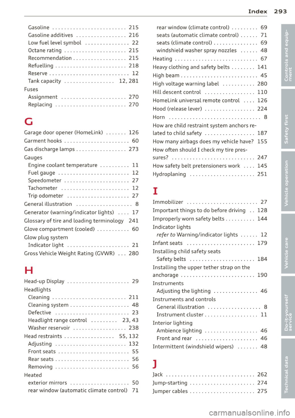 AUDI S6 2014  Owners Manual Gasoline ... .. .... .... ... .. .. .. ...  215 
Gasoline additives  ..... ... .. .. .. .. .  2 16 
L ow fuel  level  symbo l .. ... .. .. .. .. ..  22 
Octane  rating  ............ .... .. ...  215 
