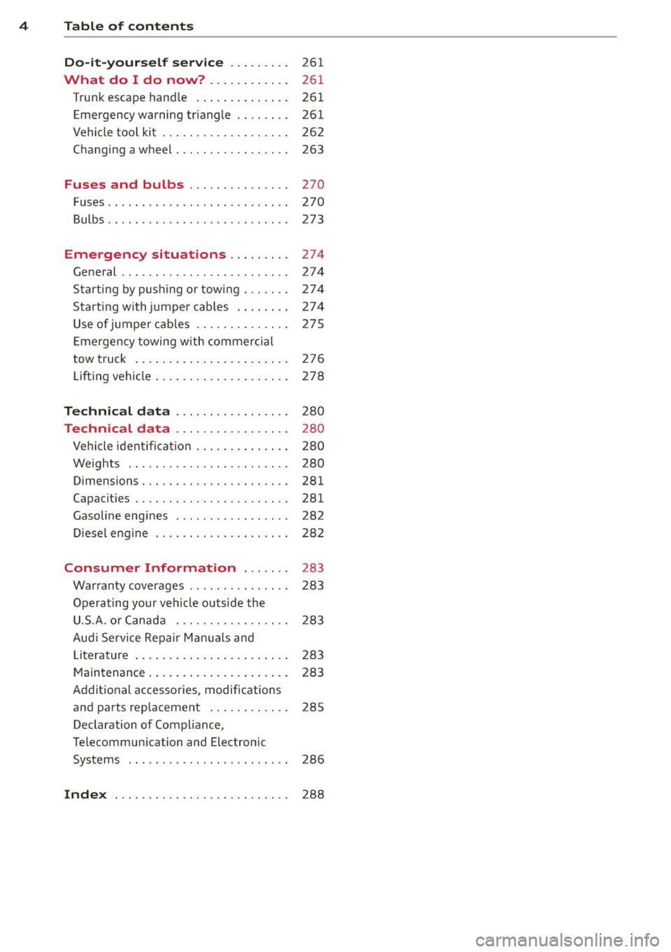 AUDI A6 2014  Owners Manual 4  Table  of  contents 
Do-it-yourself  ser vice  . . .  . .  . . . . 
26 1 
What  do  I  do  now?  . .  . .  . .  . . .  . . . 261 
Trunk escape hand le  .  . . .  . .  . .  . .  . . . .  261 
Emerge