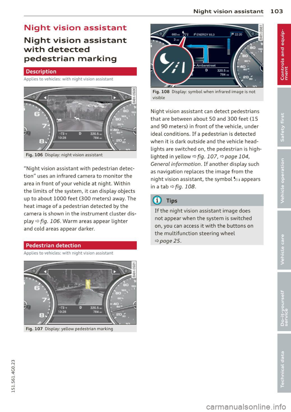 AUDI A6 2015  Owners Manual M N 
0 I.J "". rl I.O 
" rl 
" rl 
Night  vision  assistant 
Night  vision  assistant 
with  detected  pedestrian  marking 
Description 
App lies  to  vehicles: with  night v isio n assistant 
Fig .