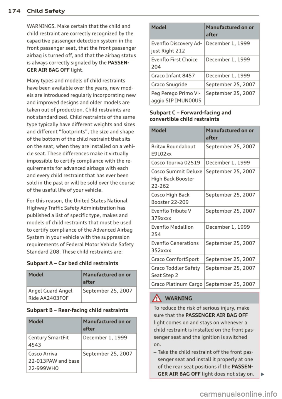 AUDI A6 2015 Owners Manual 174 Child Saf ety
WARNINGS. Make certain that the ch ild and
child restraint are correct ly recognized by the
capacitive passenger detect ion system in the
front passenger seat, that AUDI A6 2015 Owners Manual 174 Child Saf ety
WARNINGS. Make certain that the ch ild and
child restraint are correct ly recognized by the
capacitive passenger detect ion system in the
front passenger seat, that