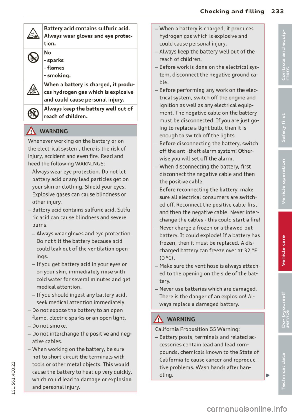 AUDI A6 2015 Owners Manual M N
0 <.J SI: ,.., \!) 1.11 ,.., 1.11 ,..,
&
Battery acid contain s sulfuric acid .
Alw ay s w ea r g lov es and eye protec -
ti on.
@
No
-spa rk s
- flam es
- sm oking .
~
When a AUDI A6 2015 Owners Manual M N
0 <.J SI: ,.., \!) 1.11 ,.., 1.11 ,..,
&
Battery acid contain s sulfuric acid .
Alw ay s w ea r g lov es and eye protec -
ti on.
@
No
-spa rk s
- flam es
- sm oking .
~
When a