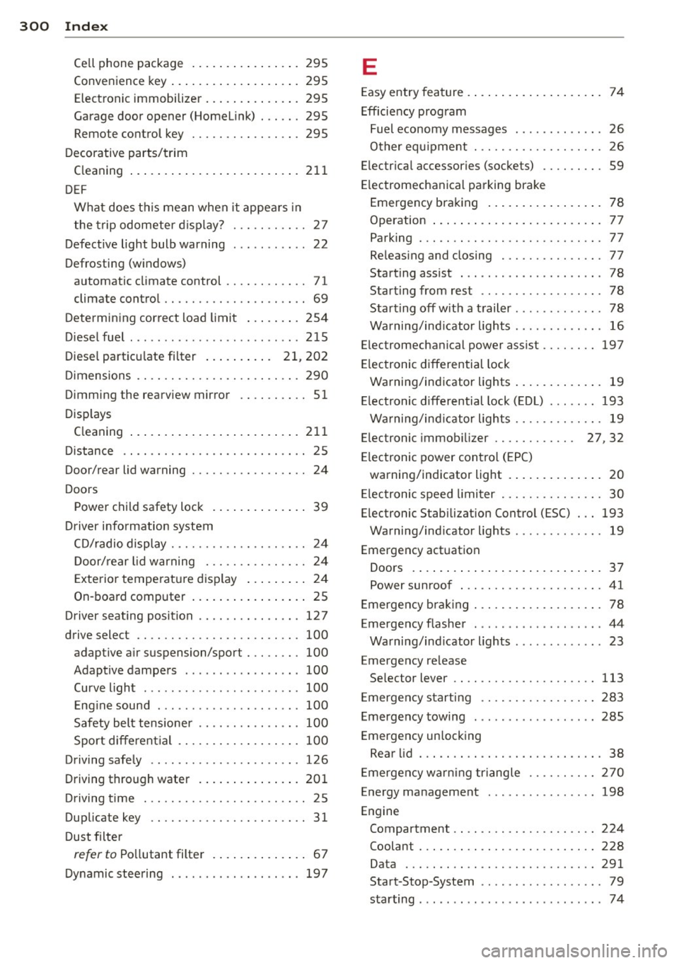 AUDI A6 2015 Repair Manual 300 Index
Cell phone package .... ... .. .. .... . 295
Convenience key ....... ... .. .. .... . 295
Elect ronic immobilize r ... .. .. .. .... . 295
Garage door opener (Homel ink) . ... AUDI A6 2015 Repair Manual 300 Index
Cell phone package .... ... .. .. .... . 295
Convenience key ....... ... .. .. .... . 295
Elect ronic immobilize r ... .. .. .. .... . 295
Garage door opener (Homel ink) . ...