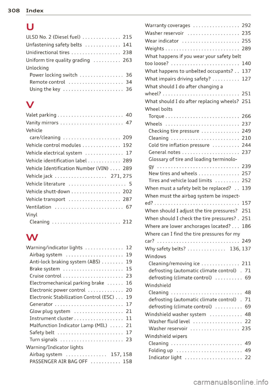 AUDI A6 2015 Owners Manual 308 Index
u
ULSD No. 2 (Diese l fuel) ......... .... . 215
Unfasten ing safety belts .... .. .. .. .. . 141
Unid irectiona l tires ......... .. .. .. .. . 238
Uniform tire quality grading AUDI A6 2015 Owners Manual 308 Index
u
ULSD No. 2 (Diese l fuel) ......... .... . 215
Unfasten ing safety belts .... .. .. .. .. . 141
Unid irectiona l tires ......... .. .. .. .. . 238
Uniform tire quality grading