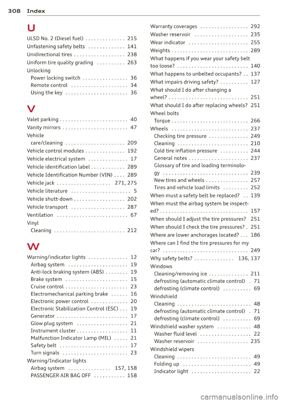 AUDI A6 2015  Owners Manual 308  Index 
u 
ULSD No. 2 (Diese l fuel)  ......... .... . 215 
Unfasten ing safety  belts  .... .. .. .. .. . 141 
Unid irectiona l tires  ......... .. .. .. .. . 238 
Uniform  tire quality  grading 