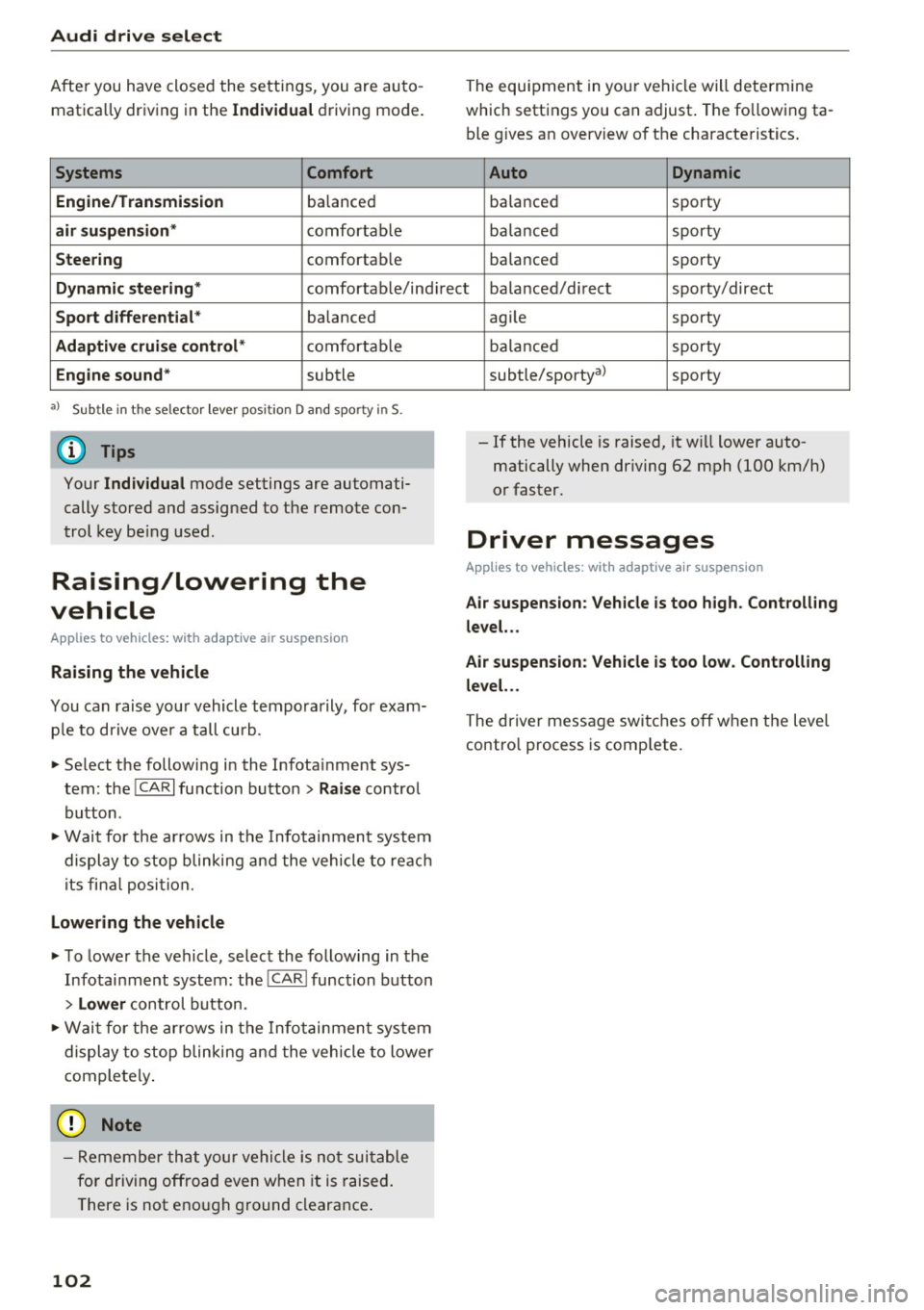 AUDI A6 2016 Owners Guide Audi drive select
After you have closed the settings, you are auto
matica lly driving in the
Individual driving mode.
Systems Comfort
Engine/Transmission
balanced
air suspension* c AUDI A6 2016 Owners Guide Audi drive select
After you have closed the settings, you are auto
matica lly driving in the
Individual driving mode.
Systems Comfort
Engine/Transmission
balanced
air suspension* c