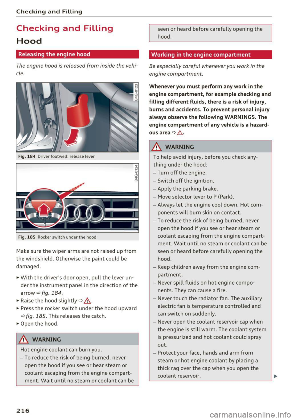 AUDI A6 2016 User Guide Checking and Filling
Checking and Filling
Hood
Releasing the engine hood
The engine hood is released from inside the vehi
cle .
Fig. 184 Driver footwell: release leve r
Fig . 1 AUDI A6 2016 User Guide Checking and Filling
Checking and Filling
Hood
Releasing the engine hood
The engine hood is released from inside the vehi
cle .
Fig. 184 Driver footwell: release leve r
Fig . 1