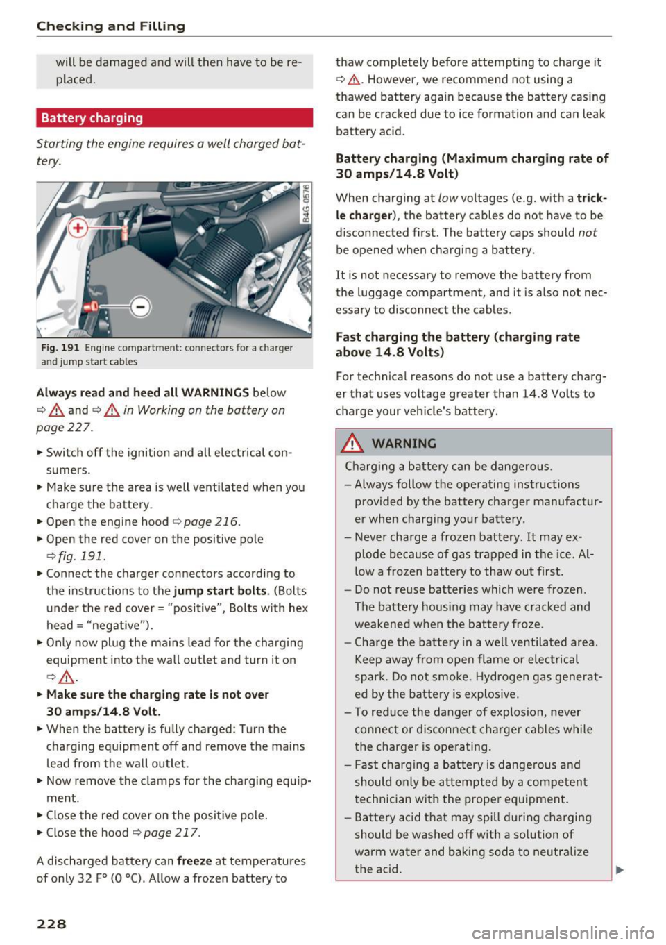 AUDI A6 2016 Manual PDF Checking and Filling
will be d amage d and will then have to be re
placed.
Battery charging
Starting the engine requires a w ell charged bat
tery.
F ig. 191 Eng ine co mpartmen t AUDI A6 2016 Manual PDF Checking and Filling
will be d amage d and will then have to be re
placed.
Battery charging
Starting the engine requires a w ell charged bat
tery.
F ig. 191 Eng ine co mpartmen t