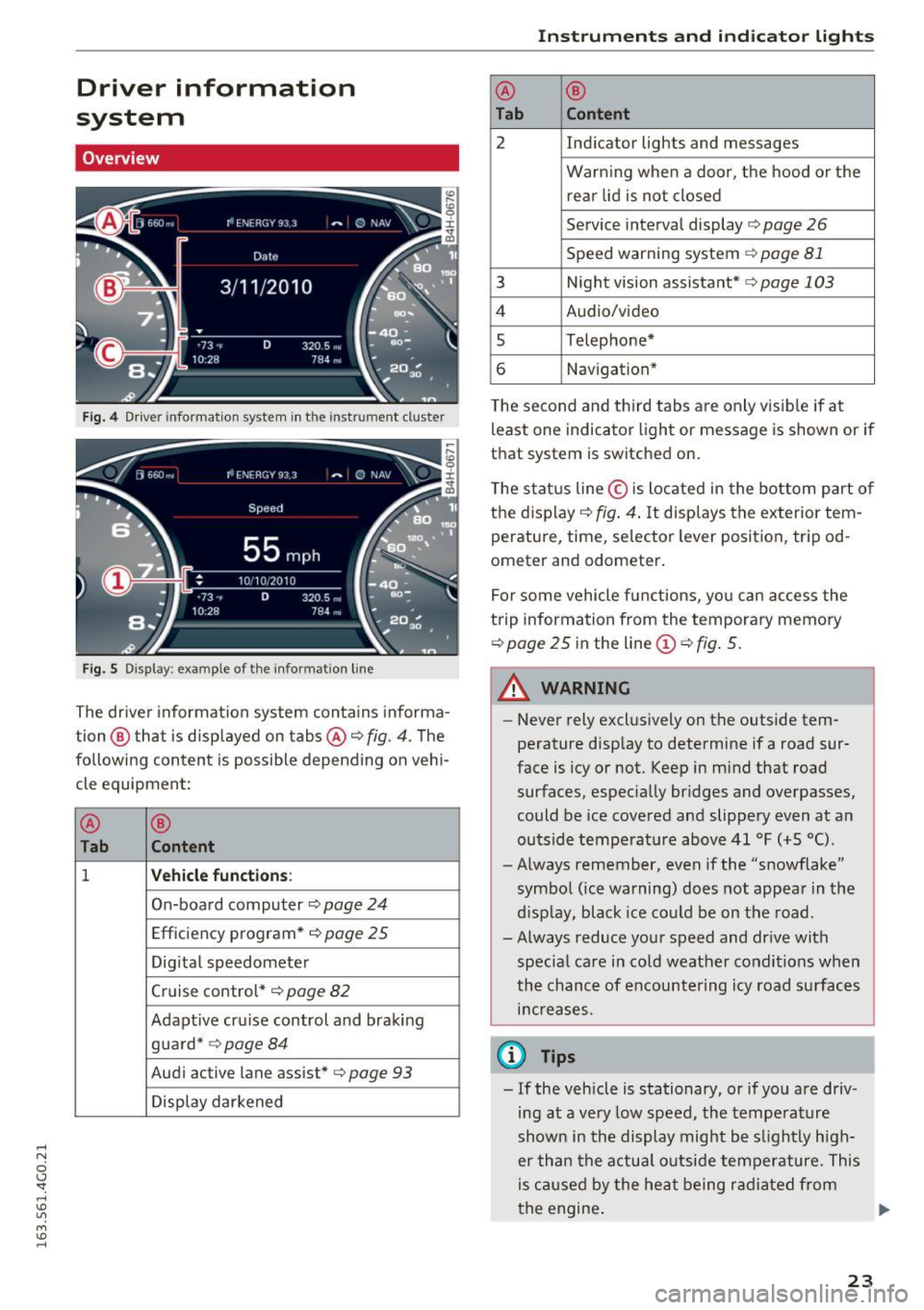 AUDI A6 2016 Owners Manual .... N
0 CJ <I: .... I.Cl U"I
M I.Cl ......
Driver information
system
Overview
Fig. 4 Driver information system in the instrumen t cl uster
Fig. 5 Display : example of the information l AUDI A6 2016 Owners Manual .... N
0 CJ <I: .... I.Cl U"I
M I.Cl ......
Driver information
system
Overview
Fig. 4 Driver information system in the instrumen t cl uster
Fig. 5 Display : example of the information l