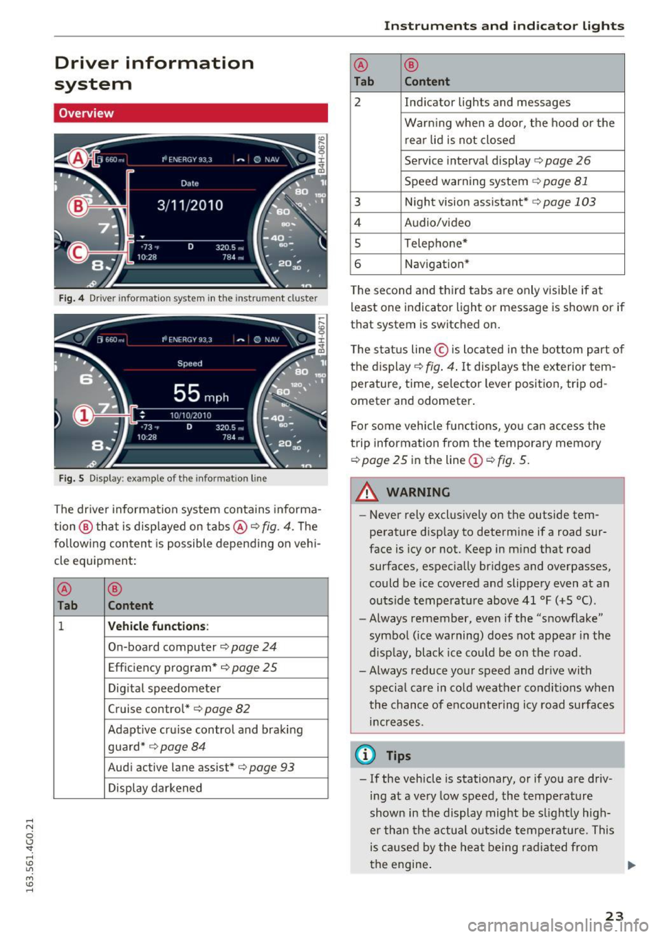 AUDI A6 2016  Owners Manual .... N 
0 CJ <I: .... I.Cl U"I 
M I.Cl ...... 
Driver  information 
system 
Overview 
Fig.  4 Driver  information  system in the instrumen t cl uster 
Fig. 5 Display : example  of the  information  l