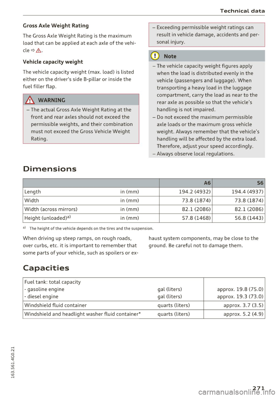 AUDI A6 2016 Owners Manual Gross Axle Weight Rating
The G ross Axle We igh t Rating is the max imum
l oad that can be applied at each axle of the vehi Â
cle ~.& .
Vehicle capacity weight
The vehicle capac ity w AUDI A6 2016 Owners Manual Gross Axle Weight Rating
The G ross Axle We igh t Rating is the max imum
l oad that can be applied at each axle of the vehi Â
cle ~.& .
Vehicle capacity weight
The vehicle capac ity w