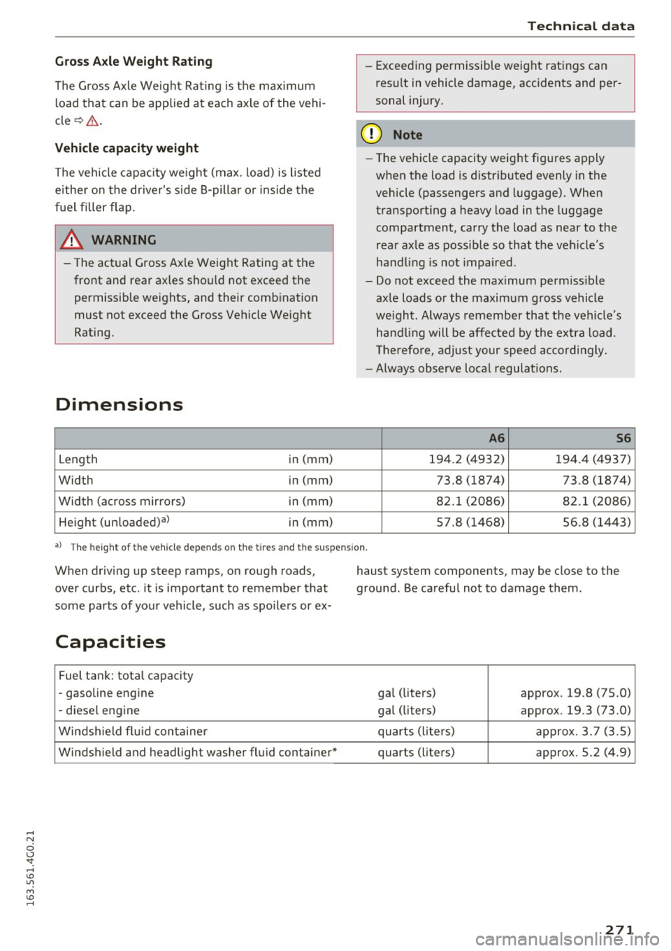 AUDI S6 2016  Owners Manual Gross Axle  Weight  Rating 
The G ross Axle  We igh t Rating  is the  max imum 
l oad that  can be applied  at  each axle of  the  vehi ­
cle ~.& . 
Vehicle capacity weight 
The vehicle  capac ity  w