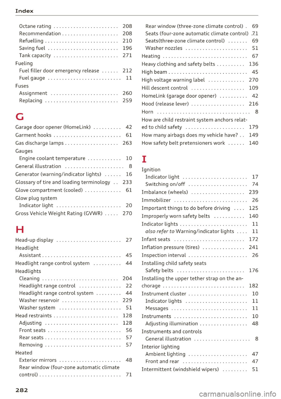 AUDI S6 2016  Owners Manual Index 
Octane  rating Recomm endation  ................ ...  . 
Refuelling  .. .. .. ................ ...  . 
Saving  fuel  . .. ...... .. ... .... .... ..  .  208 
208 
210  196 
T ank cap acit y  . 