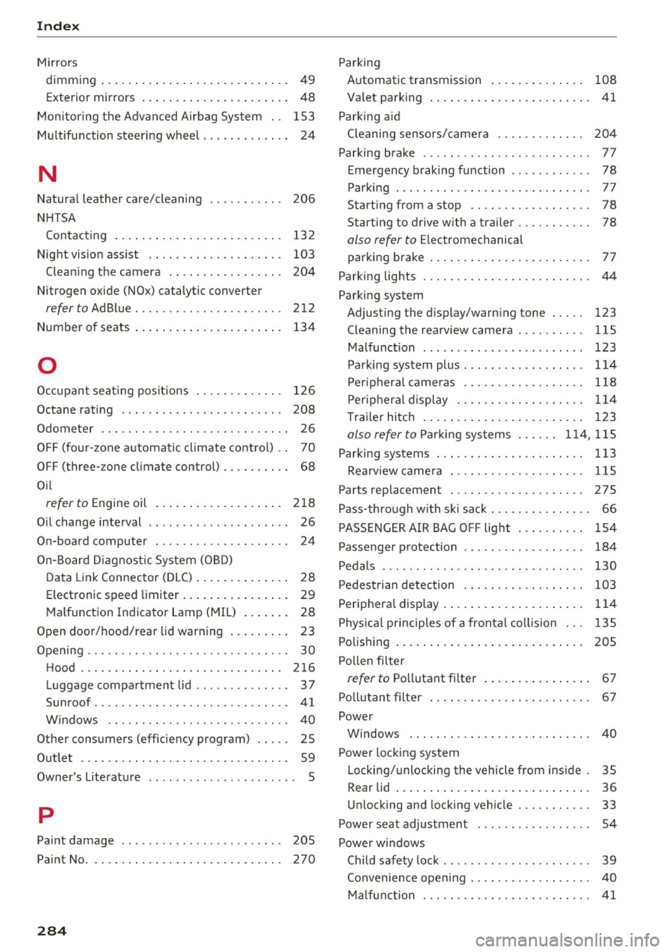 AUDI S6 2016  Owners Manual Index 
Mirrors dimming  ... .... ................ .....  49 
Exterior  mirrors  . . . .  . . .  . . . .  . . .  . .  . .  . .  . .  48 
Mon itor ing the  Advanced Airbag  System  .  . 153 
Multifuncti