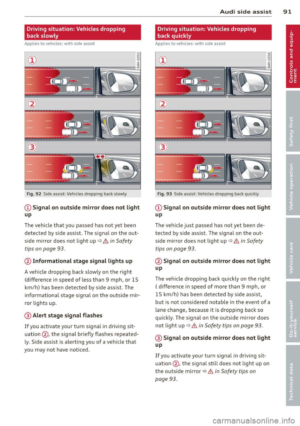 AUDI S6 2012  Owners Manual Driving  situation:  Vehicles dropping 
back slowly 
Applies  to  vehicles:  with  s ide assis t 
~ 9 I 
---- ----:~ 
® 
Fig . 92 S ide ass ist:  Vehicles  dropping  back s low ly 
CD Signal  on outs