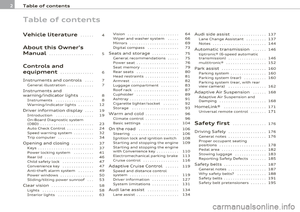 AUDI S6 2011  Owners Manual Table  of  contents 
Table  of  contents 
Vehicle  literature .....  . 
About  this  Owners  Manual  .......... ....... .. . 
Controls  and 
equipment  .............. . 
Instruments  and  controls  .