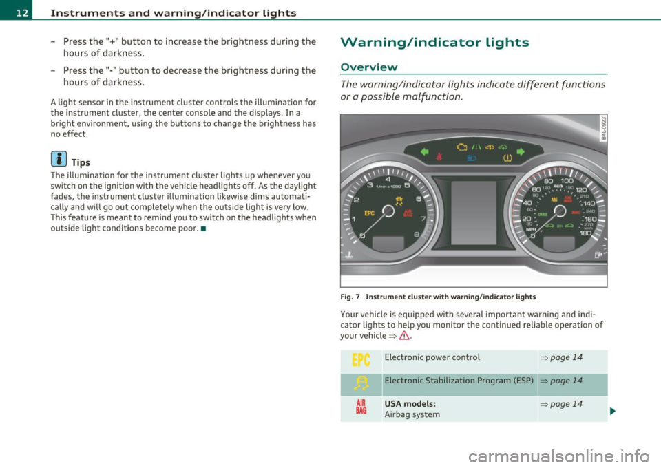AUDI S6 2010 Owners Manual Instruments and warning /indicator lights
- Press the"+" button to increase the brightness during the
hours of darkness.
- Press the"-" button to decrease the brightness during th AUDI S6 2010 Owners Manual Instruments and warning /indicator lights
- Press the"+" button to increase the brightness during the
hours of darkness.
- Press the"-" button to decrease the brightness during th