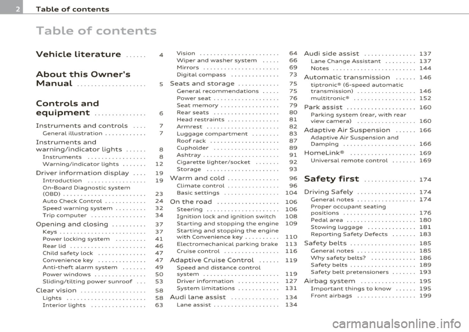AUDI S6 2010  Owners Manual Table  of  contents 
Table  of  contents 
Vehicle  literature .....  . 
About  this  Owners  Manual  .......... ....... .. . 
Controls  and 
equipment  .............. . 
Instruments  and  controls  .