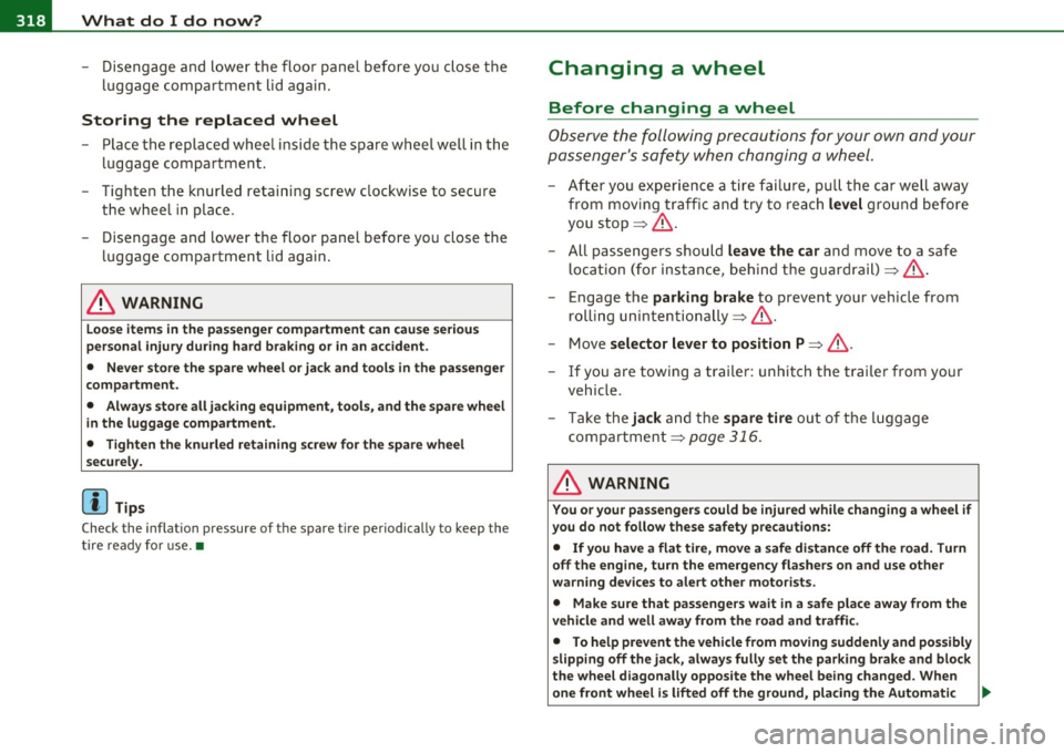 AUDI S6 2010 Service Manual ,.,___W_ h _a_t _ d _ o_ I_ d_ o_ n_o _w_ ? ____________________________________________ _
- Disengage and lower the floor panel before you close the
luggage compartment lid again.
Storin AUDI S6 2010 Service Manual ,.,___W_ h _a_t _ d _ o_ I_ d_ o_ n_o _w_ ? ____________________________________________ _
- Disengage and lower the floor panel before you close the
luggage compartment lid again.
Storin