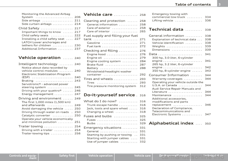 AUDI S6 2010  Owners Manual Table  of  contents 
Monitoring  the  Advanced  Airbag Vehicle  care  .............. 258 Emergency  towing  with 
System  ......................  206  commercial tow truck  ........  . 
Side  airbags 