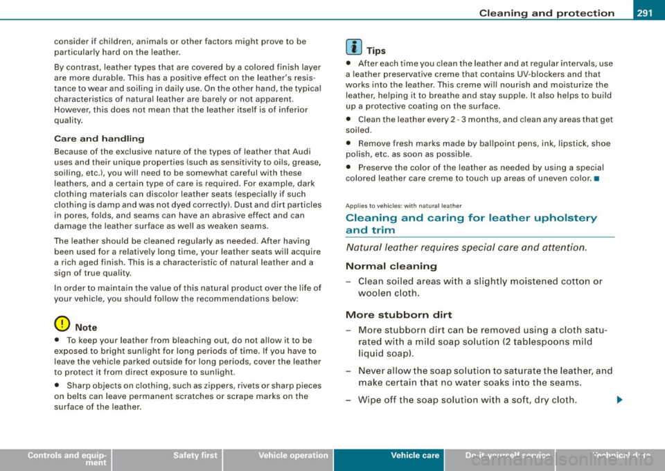 AUDI S6 2009  Owners Manual _____________________________________________ C_ l_ e _a_ n_ in_ g_a _ n_d_ p_ r_ o_ t _e_ c_t _io _ n __  _ 
• 
consider  if  children,  anima ls or  other  factors  m ight  prove  to  be 
partic u
