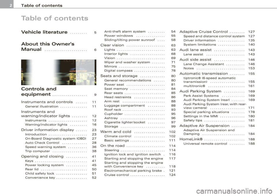 AUDI S6 2009  Owners Manual Table of  contents 
Table  of  contents 
Vehicle  literature  ........ . 
About  this  Owners  Manual  .............. ...... . . 
Controls  and 
equipment  ............ .....  . 
Instruments  and  co