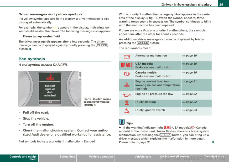 AUDI S6 2009 Owners Guide Driver  messages  and yellow symbols 
If a yellow  symbol  appears  in  the display,  a driver  message  is  also 
displayed  automatically. 
For example,  the  symbol  appears  in  the  display,  ind