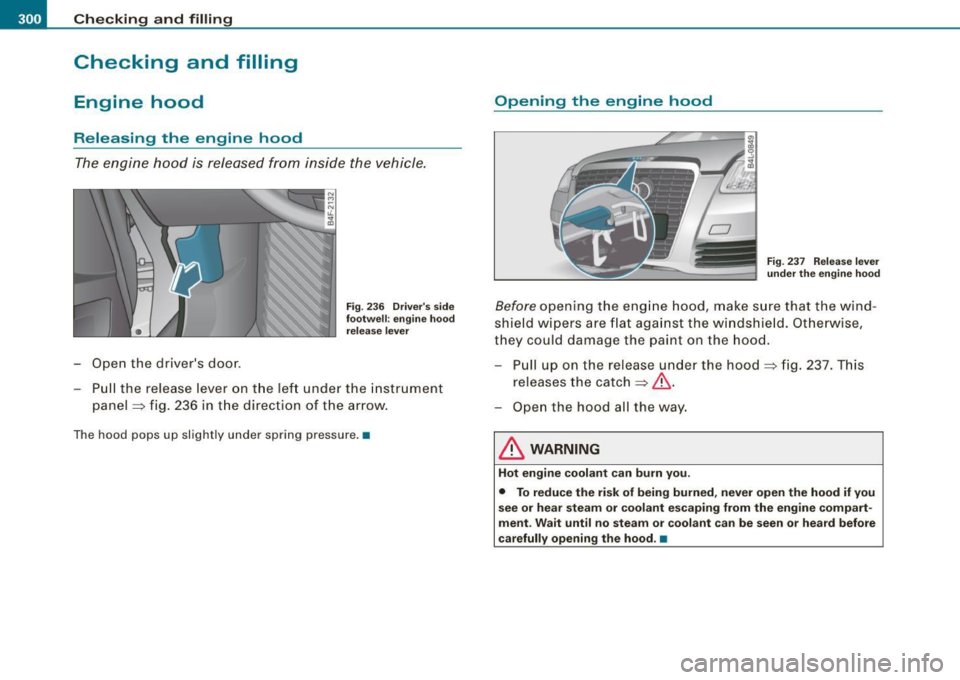 AUDI S6 2009  Owners Manual ___ C_ h_ e_c _ k_ i_ n ...;:g:- a_ n_ d_ f_ il _li _n ...::g ::.- _____________________________________________  _ 
Checking  and  filling 
Engine  hood 
Releasing  the  engine  hood 
The engine  hoo