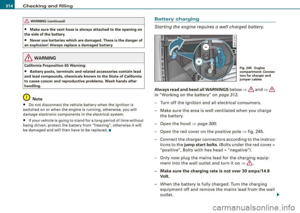 AUDI S6 2009  Owners Manual llffl __ C _h_ e_ c_k _in --== g-- a_n _d_ f_il _li _n ..:::g:::..- ___________________________________________  _ 
& WARNING (continued) 
•  Make  sure the  vent  hose  is  always attached  to  th