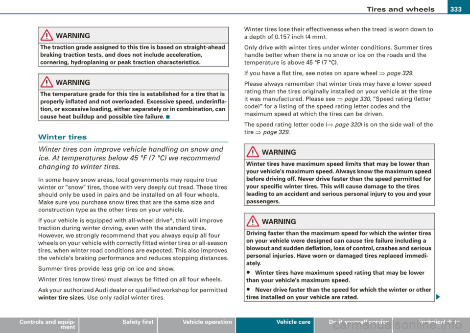 AUDI S6 2009 Owners Manual Tires and wheels -_____________ .:.....::...=..____:__:_:_:_=-=----
•
& WARNING
The traction grade ass igned to this t ire i s based on straight -ahead
braking traction tests, and does AUDI S6 2009 Owners Manual Tires and wheels -_____________ .:.....::...=..____:__:_:_:_=-=----
•
& WARNING
The traction grade ass igned to this t ire i s based on straight -ahead
braking traction tests, and does