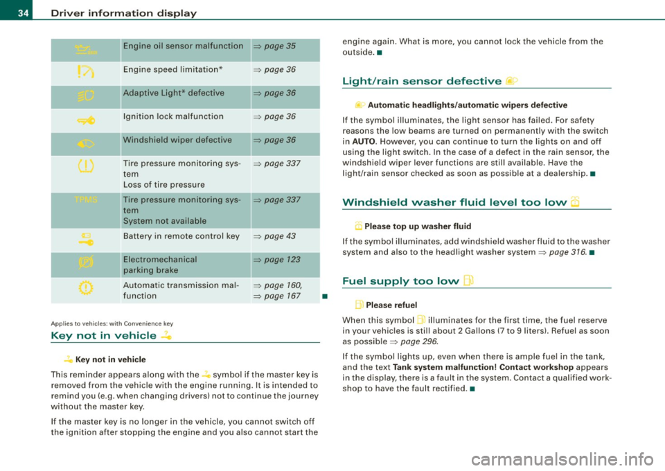 AUDI S6 2009  Owners Manual Driver  inf ormati on  displ ay 
Engine  oil  sensor  malfunction => page  35 
._ -
Engine  speed  limitation* => page  36 
--Adaptive  Light*  defective :::::,  page 36 
Ignition  lock  malfunction :