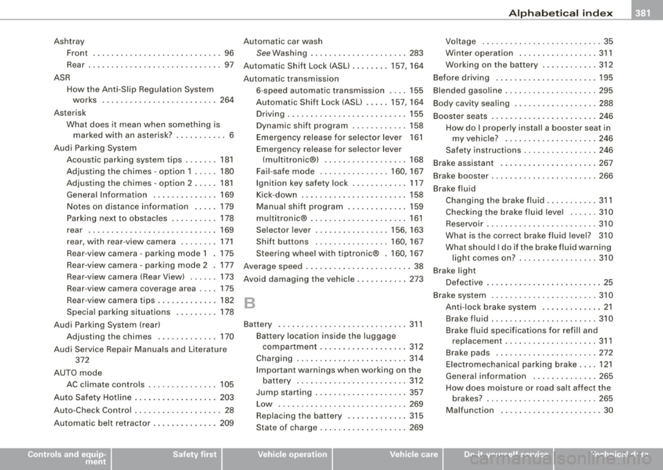 AUDI S6 2009 Owners Manual Alphab eti ca l ind ex 111111
-------------------------------------=--------
Ashtray
Fron t . ..... ... .. .... .... ..... .. .. 96
Rear . ...... .. ..... ... ... .... ... .. 97
ASR How th AUDI S6 2009 Owners Manual Alphab eti ca l ind ex 111111
-------------------------------------=--------
Ashtray
Fron t . ..... ... .. .... .... ..... .. .. 96
Rear . ...... .. ..... ... ... .... ... .. 97
ASR How th
