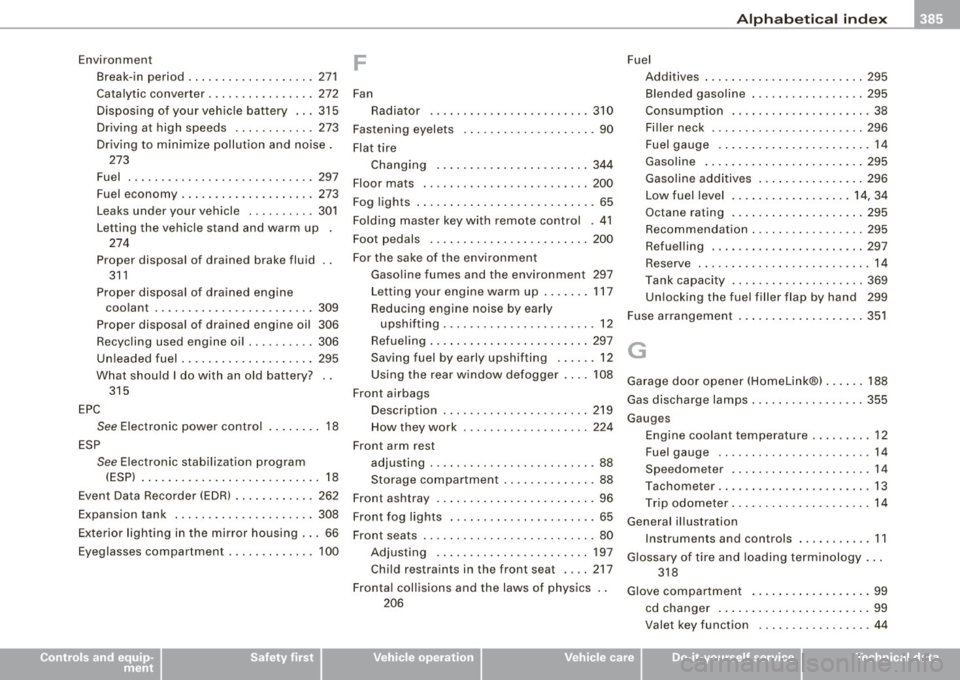AUDI S6 2009 Owners Manual ______________________________________________ A_ l.:.. p _h_ a_ b_e _t_i c_ a _ l _in _ d_e _ x __ _
Environment
Break -in period ... ... . .. .. ..... ... 271
Catalytic converter .... ..... AUDI S6 2009 Owners Manual ______________________________________________ A_ l.:.. p _h_ a_ b_e _t_i c_ a _ l _in _ d_e _ x __ _
Environment
Break -in period ... ... . .. .. ..... ... 271
Catalytic converter .... .....