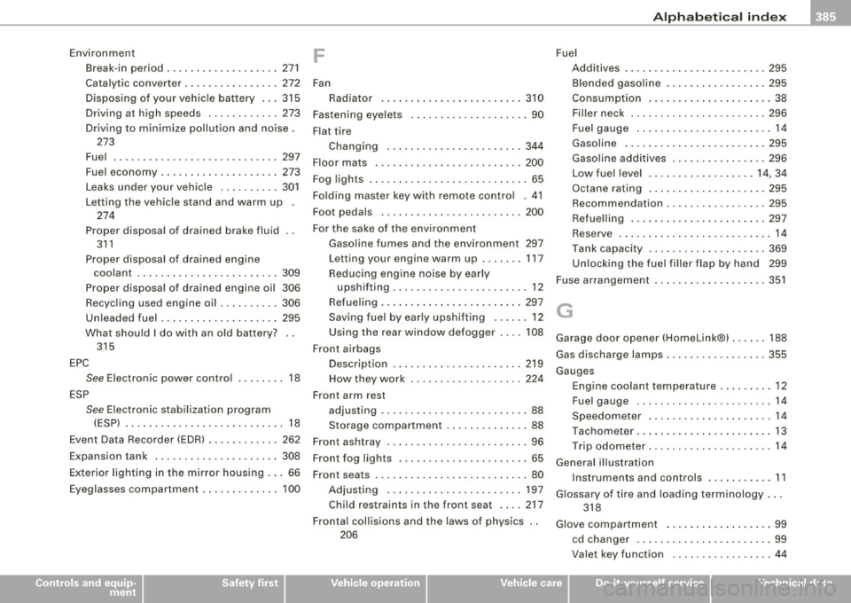 AUDI S6 2009 User Guide ______________________________________________ A_ l.:.. p _h_ a_ b_e _t_i c_ a _ l _in _ d_e _ x __  _ 
Environment 
Break -in  period  ... ... . .. .. ..... ...  271 
Catalytic  converter  .... .....