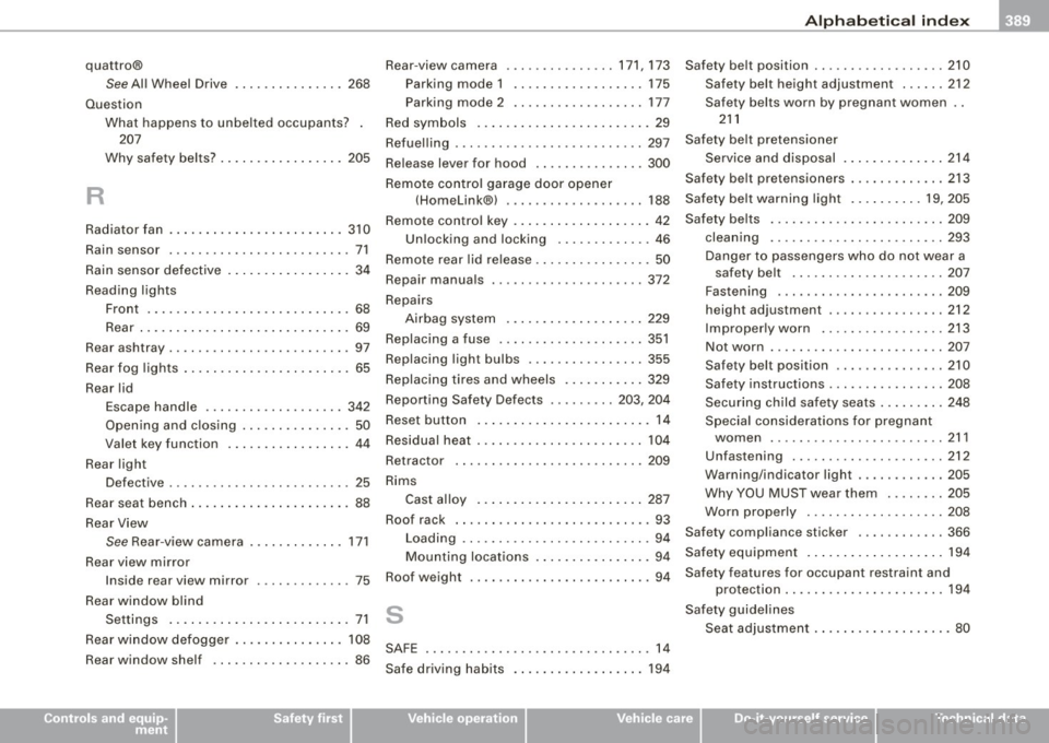 AUDI S6 2009 Owners Manual ______________________________________________ A_ l_,_ p _h_ a_ b_e _t_i c_ a _ l _in _ d_e _ x __ lll
quattro®
See All Wheel Drive ... .... ........ 268
Question
R
What happens to unbelte AUDI S6 2009 Owners Manual ______________________________________________ A_ l_,_ p _h_ a_ b_e _t_i c_ a _ l _in _ d_e _ x __ lll
quattro®
See All Wheel Drive ... .... ........ 268
Question
R
What happens to unbelte