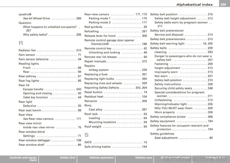 AUDI S6 2009  Owners Manual ______________________________________________ A_ l_,_ p _h_ a_ b_e _t_i c_ a _ l _in _ d_e _ x __ lll 
quattro® 
See All  Wheel  Drive  ... .... ........ 268 
Question 
R 
What  happens  to  unbelte