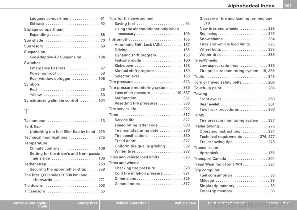 AUDI S6 2009 Owners Manual ______________________________________________ A_ l_,_ p _h_ a_ b_e _t_i c_ a _ l _in _ d_e _ x __ _
Luggage compartment ... ... . ..... . 91
Ski sack . .... .... .... .... ..... .. .. 92
Stor AUDI S6 2009 Owners Manual ______________________________________________ A_ l_,_ p _h_ a_ b_e _t_i c_ a _ l _in _ d_e _ x __ _
Luggage compartment ... ... . ..... . 91
Ski sack . .... .... .... .... ..... .. .. 92
Stor