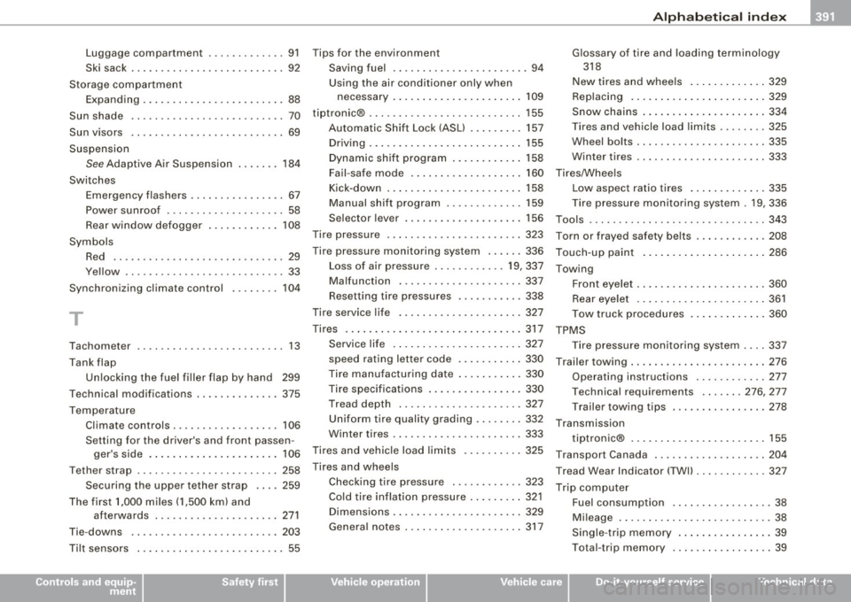 AUDI S6 2009  Owners Manual ______________________________________________ A_ l_,_ p _h_ a_ b_e _t_i c_ a _ l _in _ d_e _ x __  _ 
Luggage  compartment  ... ... . ..... . 91 
Ski  sack  . .... .... .... .... ..... .. .. 92 
Stor