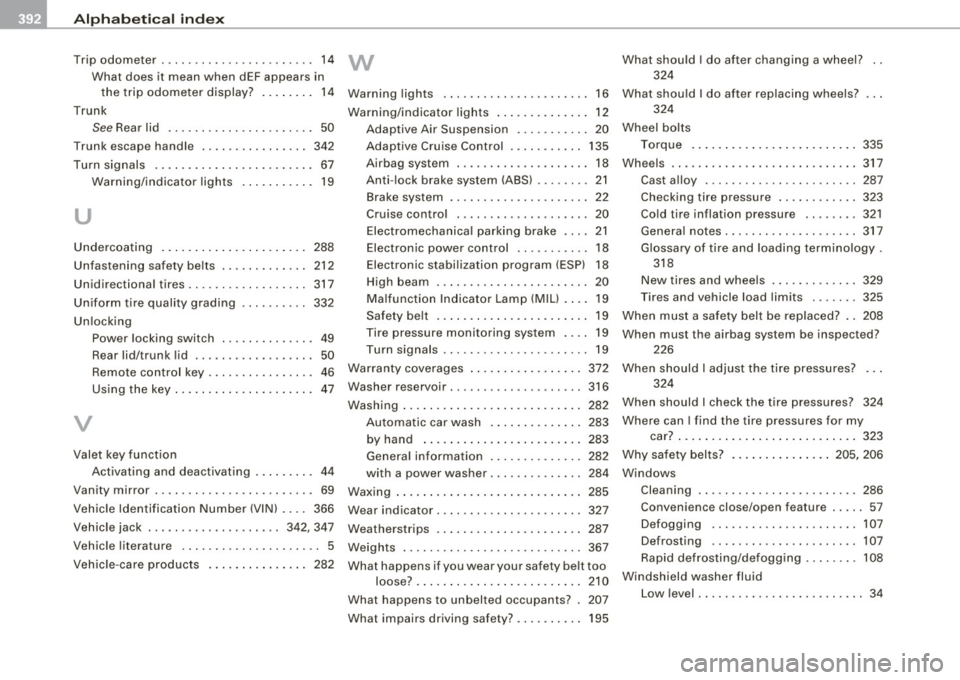 AUDI S6 2009 Owners Manual ___ A_ l..:,. p _ h_ a_ b_e _t_ic _ a_l _in _ d_e_ x ____________________________________________ _
Trip odometer .... ...... .. ... ..... ... 14
What does it mean when dEF appears in the AUDI S6 2009 Owners Manual ___ A_ l..:,. p _ h_ a_ b_e _t_ic _ a_l _in _ d_e_ x ____________________________________________ _
Trip odometer .... ...... .. ... ..... ... 14
What does it mean when dEF appears in the
