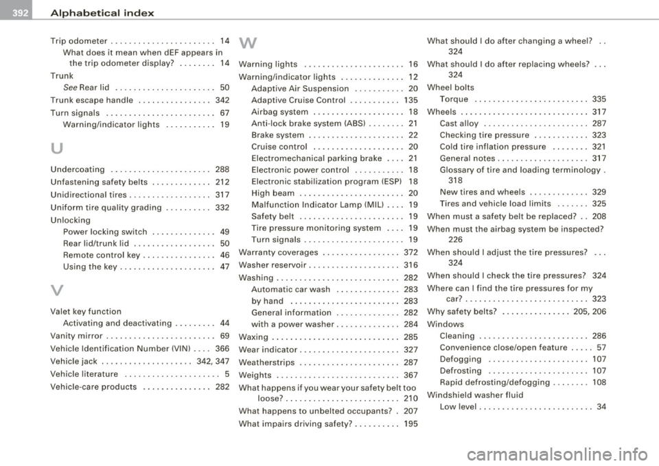 AUDI S6 2009  Owners Manual ___ A_ l..:,. p _ h_ a_ b_e _t_ic _ a_l  _in _ d_e_ x ____________________________________________  _ 
Trip odometer  .... ...... .. ... ..... ...  14 
What  does  it  mean  when  dEF appears  in  the