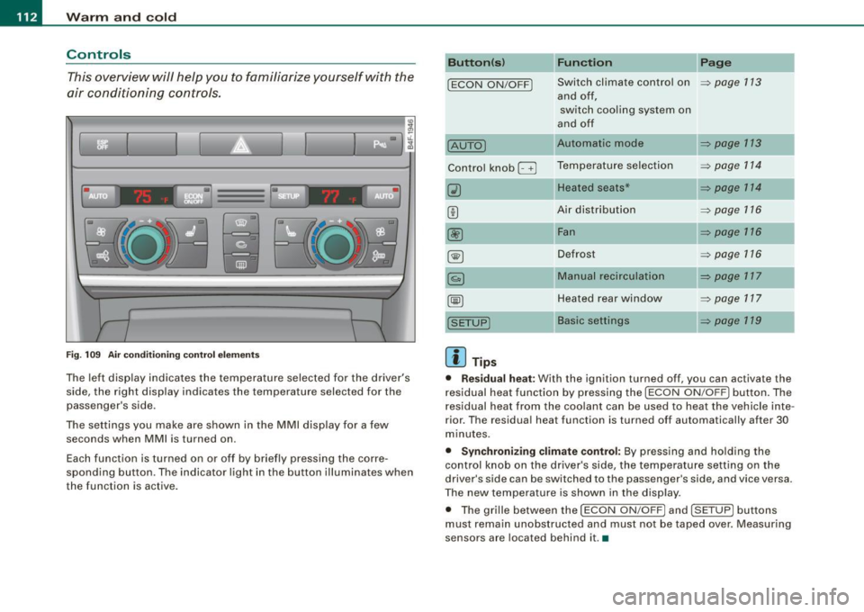 AUDI S6 2008  Owners Manual -Warm 
and  cold 
L.-.:....:..-=..:..:..:....:.:.:...::....:...  ____________  _ 
Controls 
This overview  will  help  you  to  familiarize  yourself  with  the 
air  conditioning  controls. 
I  I 
Fi
