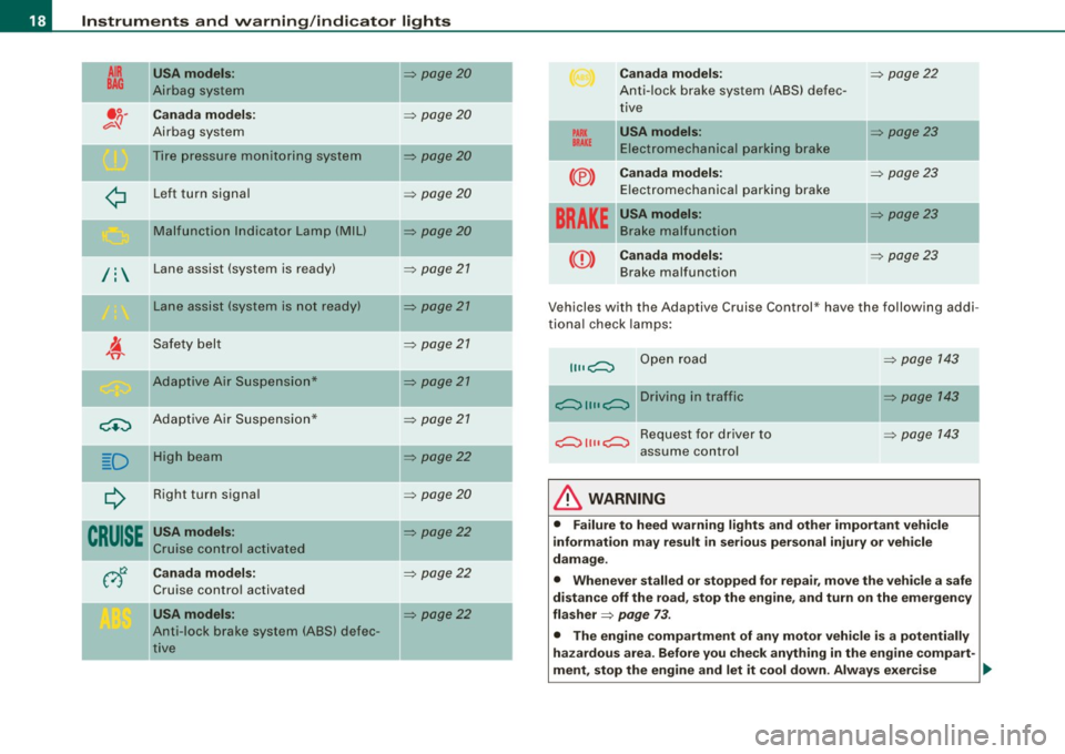 AUDI S6 2008  Owners Manual Instruments  and  warning/indicator  lights 
AIR 
BAG 
/: 
USA models : 
Air bag  system 
Canada  model s: 
Airbag  system 
Tire  p ressu re  monitorin g system 
L ef t  t urn  signal 
Mal function  I