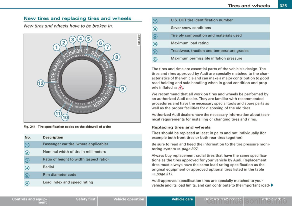 AUDI S6 2008 Owners Manual Tires and wheels -_______________ _____.
New tires and replacing tires and wheels
New tires and wheels have to be broken in.
Fig. 244 Tire specification codes on the sidewall of AUDI S6 2008 Owners Manual Tires and wheels -_______________ _____.
New tires and replacing tires and wheels
New tires and wheels have to be broken in.
Fig. 244 Tire specification codes on the sidewall of