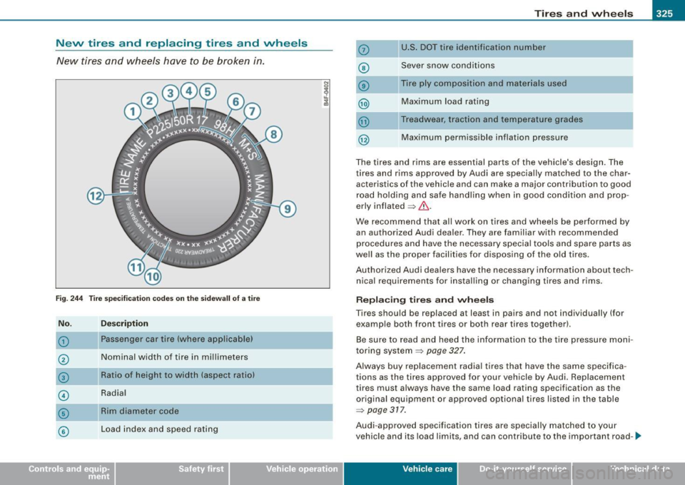 AUDI S6 2008  Owners Manual Tires  and  wheels -_______________ _____. 
New  tires  and  replacing  tires  and  wheels 
New  tires  and wheels have  to  be  broken  in. 
Fig. 244  Tire  specification  codes  on  the  sidewall of