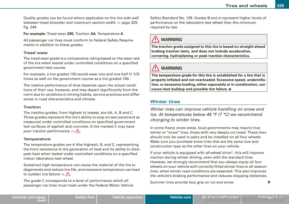 AUDI S6 2008 Owners Manual ________________________________________________ T_ i _r_e _s_ a_n_ d_ w_ h_ e_e _ l_s __ llll
•
Quality grades can be found where applicable on the tire side wall
between tread shou AUDI S6 2008 Owners Manual ________________________________________________ T_ i _r_e _s_ a_n_ d_ w_ h_ e_e _ l_s __ llll
•
Quality grades can be found where applicable on the tire side wall
between tread shou