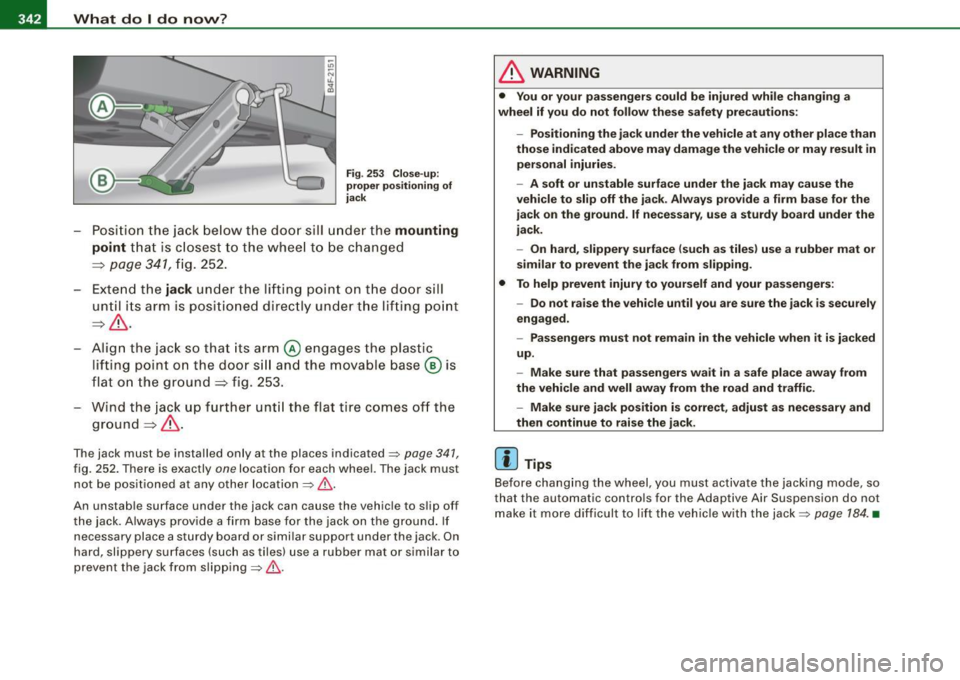 AUDI S6 2008 Owners Manual lllftl.,___W_ h_ a _ t_d_ o_ l _d _o_ n_ o_ vv_ ? ______________________________________________ _
Fig. 253 Close-up:
proper positioning of
jack
- Position the jack below the door sill u AUDI S6 2008 Owners Manual lllftl.,___W_ h_ a _ t_d_ o_ l _d _o_ n_ o_ vv_ ? ______________________________________________ _
Fig. 253 Close-up:
proper positioning of
jack
- Position the jack below the door sill u