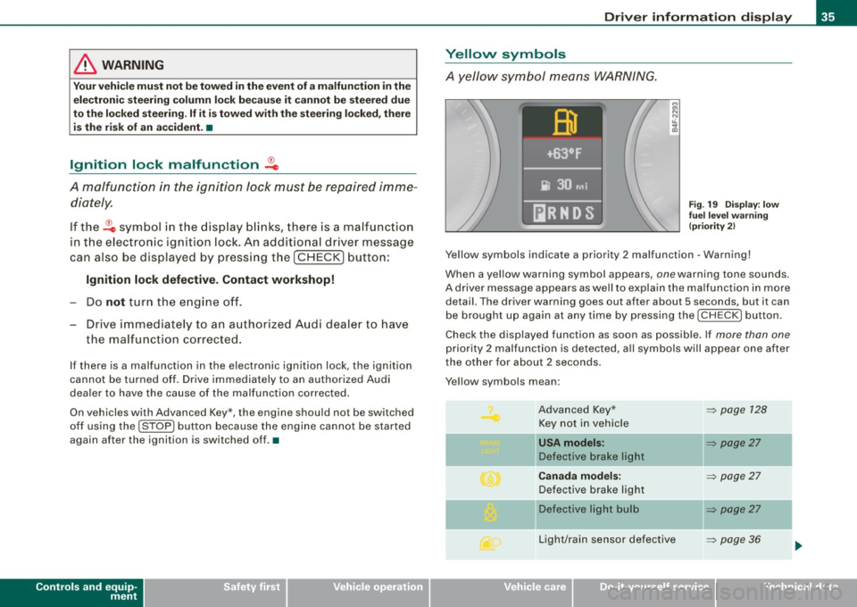 AUDI S6 2008 Owners Guide & WARNING
Your vehicle must not be towed in the event of a malfunction in the electronic steering column lock because it cannot be steered due
to the locked steering . If it is towe AUDI S6 2008 Owners Guide & WARNING
Your vehicle must not be towed in the event of a malfunction in the electronic steering column lock because it cannot be steered due
to the locked steering . If it is towe