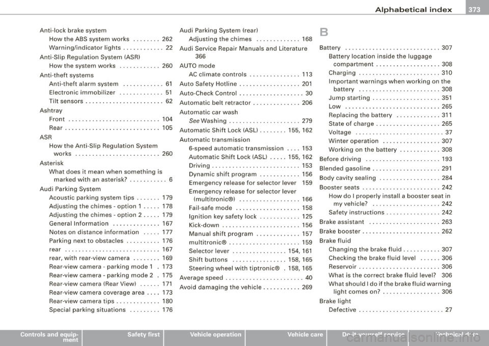 AUDI S6 2008 Owners Manual Alphab eti ca l ind ex -
-------------=----
Anti-loc k brake syst em
H ow the ABS system works ....... . 262
War ning/i ndicato r lights ... ....... .. 22
Anti -Slip Regulation System (A AUDI S6 2008 Owners Manual Alphab eti ca l ind ex -
-------------=----
Anti-loc k brake syst em
H ow the ABS system works ....... . 262
War ning/i ndicato r lights ... ....... .. 22
Anti -Slip Regulation System (A