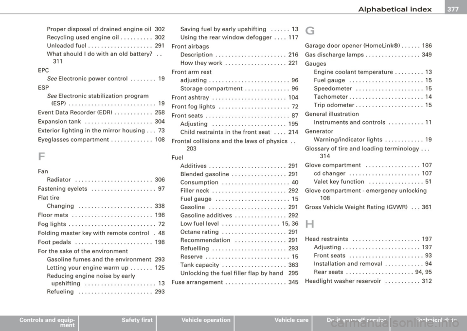 AUDI S6 2008 Owners Manual ______________________________________________ A_ l_,_ p _h_ a_ b_e _t_i c_ a _ l _in _ d_e _ x __ ftllll
Proper disposal of drained engine oil 302
Recycling used engine oil ..... ..... 30 AUDI S6 2008 Owners Manual ______________________________________________ A_ l_,_ p _h_ a_ b_e _t_i c_ a _ l _in _ d_e _ x __ ftllll
Proper disposal of drained engine oil 302
Recycling used engine oil ..... ..... 30