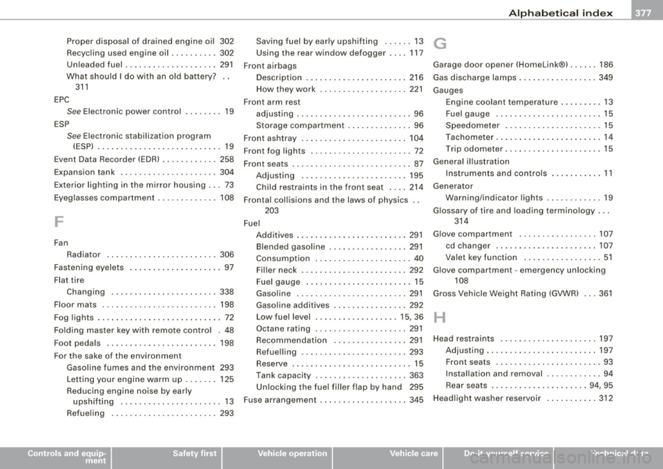 AUDI S6 2008  Owners Manual ______________________________________________ A_ l_,_ p _h_ a_ b_e _t_i c_ a _ l _in _ d_e _ x __ ftllll 
Proper  disposal  of  drained  engine  oil  302 
Recycling  used  engine  oil ..... .....  30