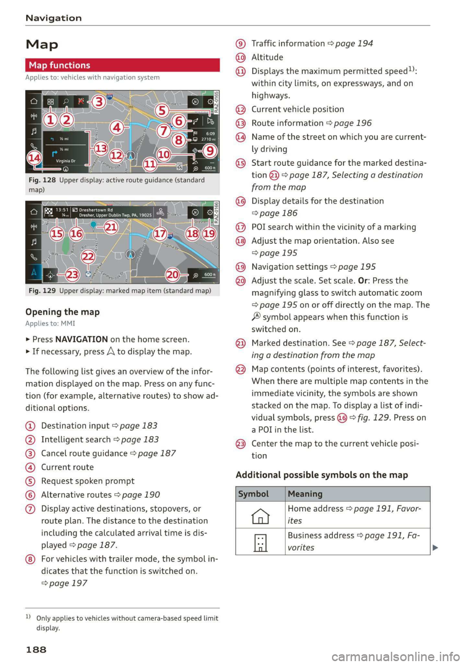 AUDI A7 2020 Owners Manual Navigation
Map © Traffic information > page 194
@ Altitude
ETNIES @) Displays the maximum permitted speed):
Applies to: vehicles with navigation system
within city limits, on expressways, and AUDI A7 2020 Owners Manual Navigation
Map © Traffic information > page 194
@ Altitude
ETNIES @) Displays the maximum permitted speed):
Applies to: vehicles with navigation system
within city limits, on expressways, and